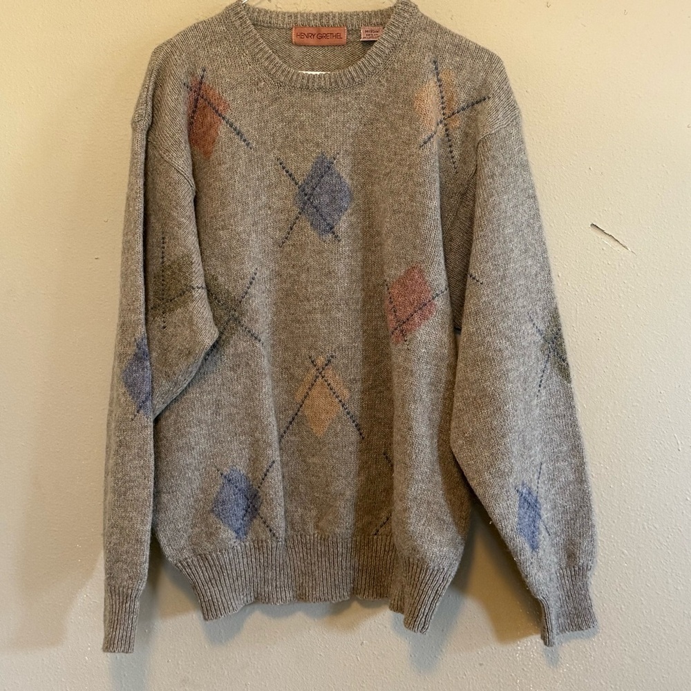 Vintage  Henry Grethel Sweater Men M Beige Argyle Diamond Shetland Wool Grandpa